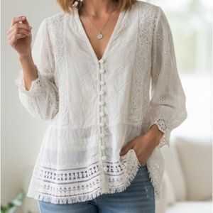 Johnny Was White Embroidered Blouse